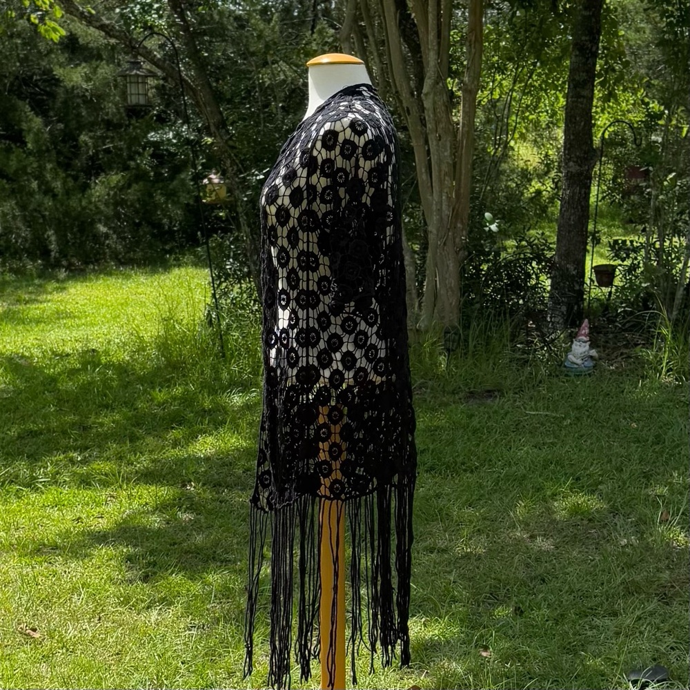 Rebellion Again Black Fringe Crocheted Cover Up Cardigan Size Medium (CWT0002) - Picture 2 of 7